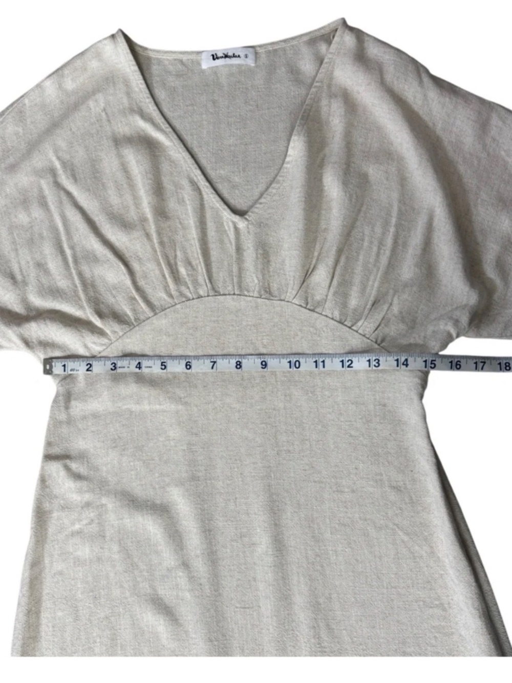 Vernacular Oatmeal Cotton Linen Blend Empire Waist Midi Dress Small-Euro Summer - Picture 4 of 8